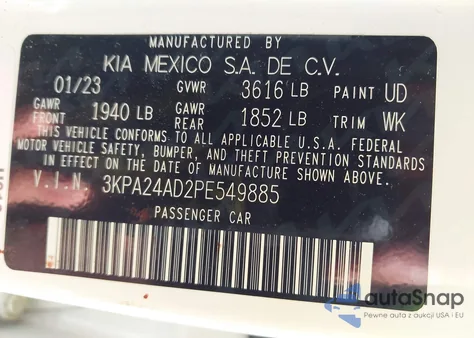 2023 Kia Rio Lx z USA, uszkodzony, nr VIN 3KPA24AD2PE549885